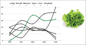 Grafico a linee che mostra la popolarità di diverse verdure, evidenziando la lattuga