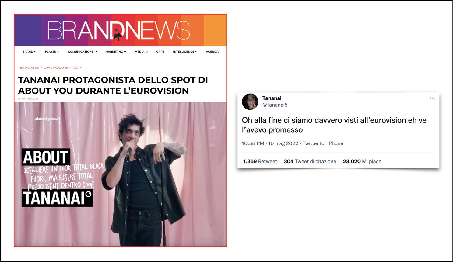 Il comunicato stampa e il tweet relativi allo spot di Tananai per About You andato in onda durante l'Eurovision Song Contest di Torino