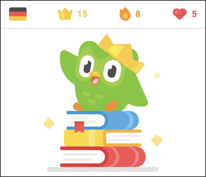 La mascotte di Duolingo, un gufo verde, è un buon esempio di personaggio-guida all’interno di un percorso e-Learning