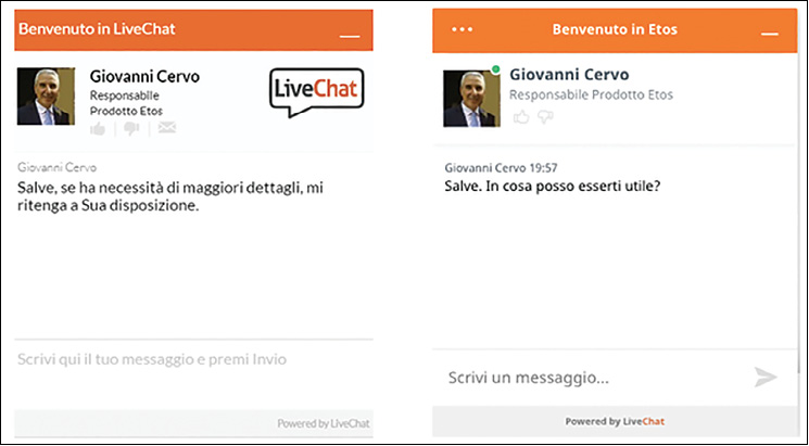 LiveChat di etosweb, prima e dopo la cura - un tono colloquiale è migliore di uno formale perché riproduce una normale conversazione