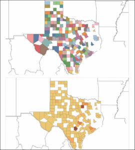 Rappresentazione geografica dei casi di Covid-19 nelle contee del Texas, in alto utilizzando molti colori e in basso con un più efficace utilizzo di un gradiente di colore