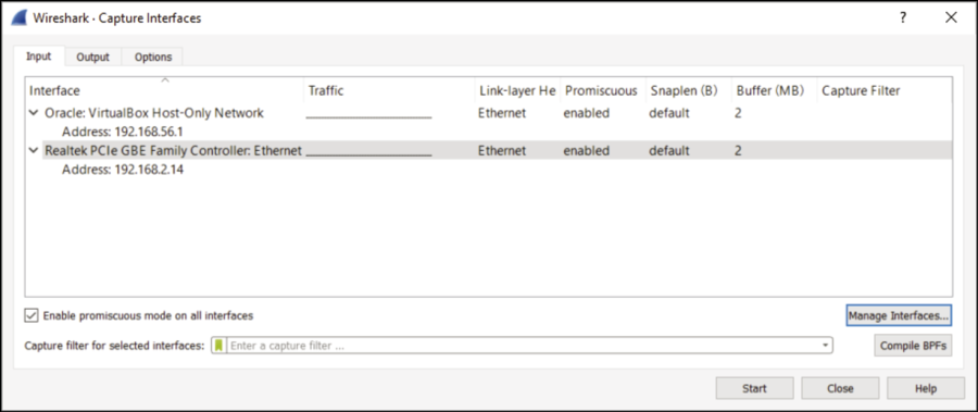L'elenco Capture Interfaces di Wireshark