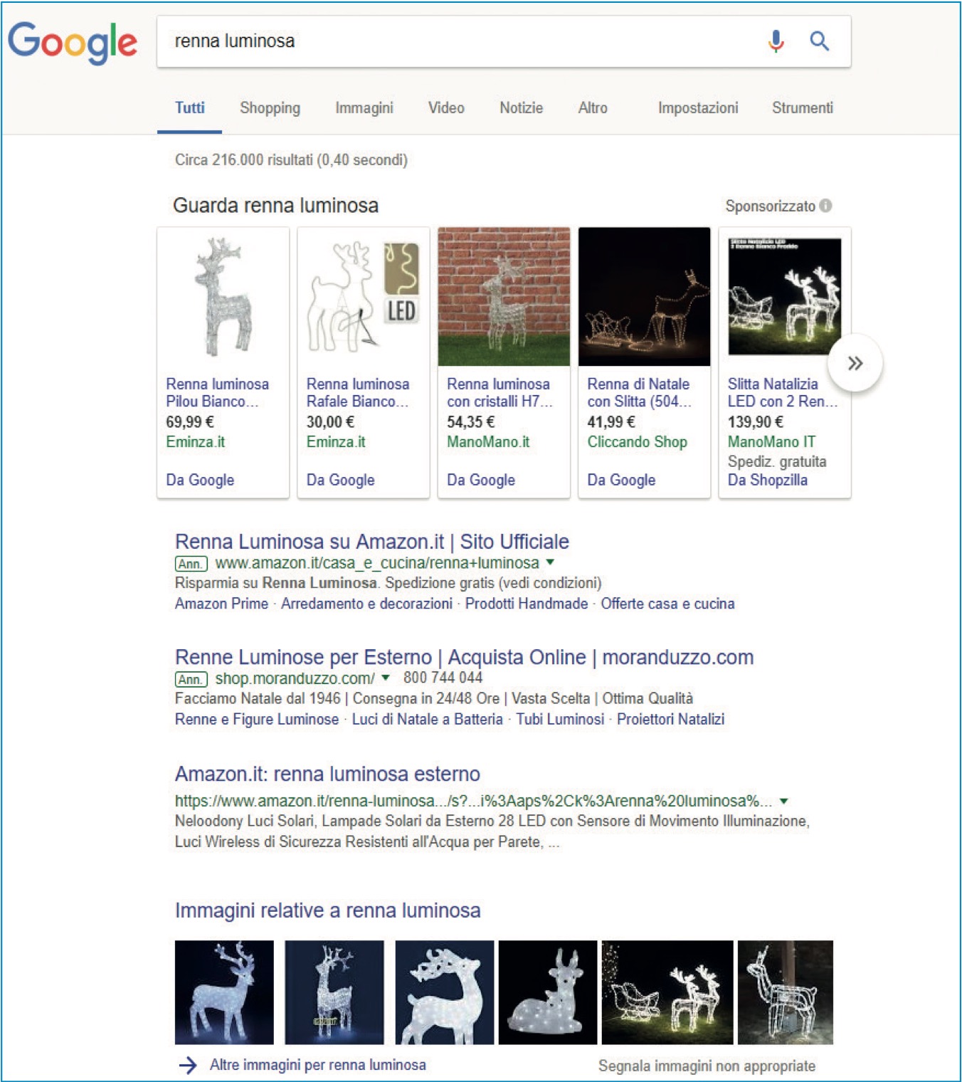 Finestra di ricerca di renne luminose su Google